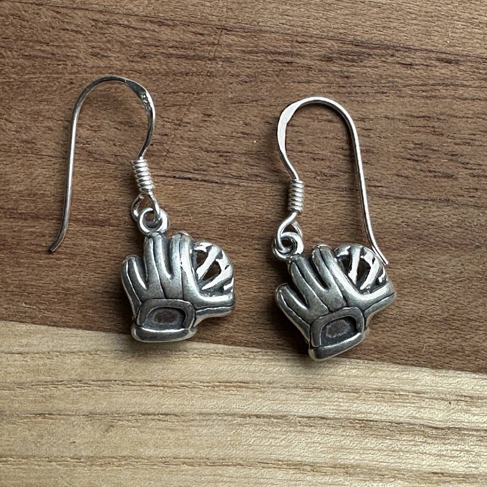 Vintage Hook Dangle Earrings 0.8 Inch Baseball‎ Glove Signed 925 Sterling 3.6g
